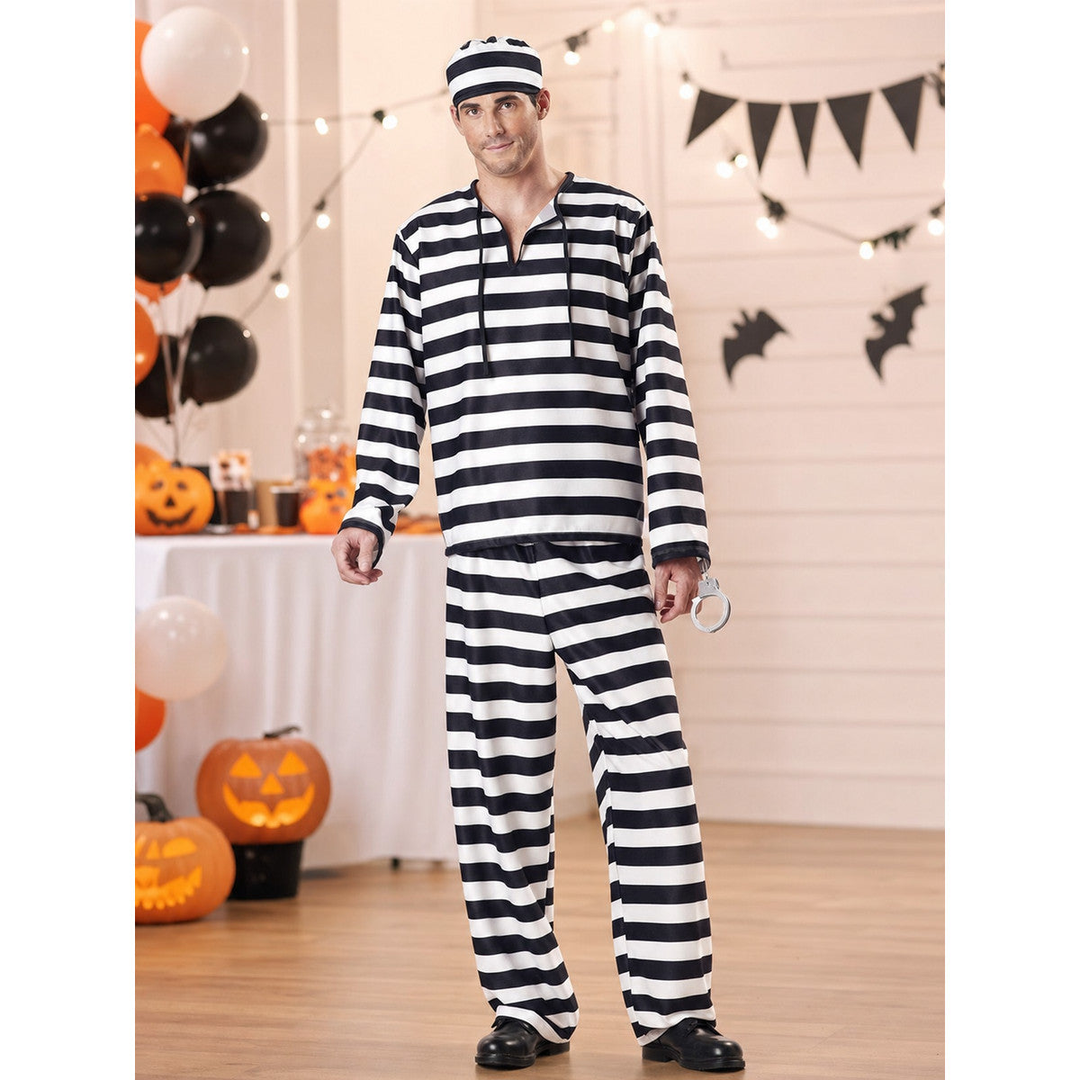 Striped prisoner costume with cap and handcuffs lifestyle view