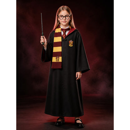 Hooded Black Wizard Robe Costume Set With Scarf, Tie, Wand And Glasses lifestyle
