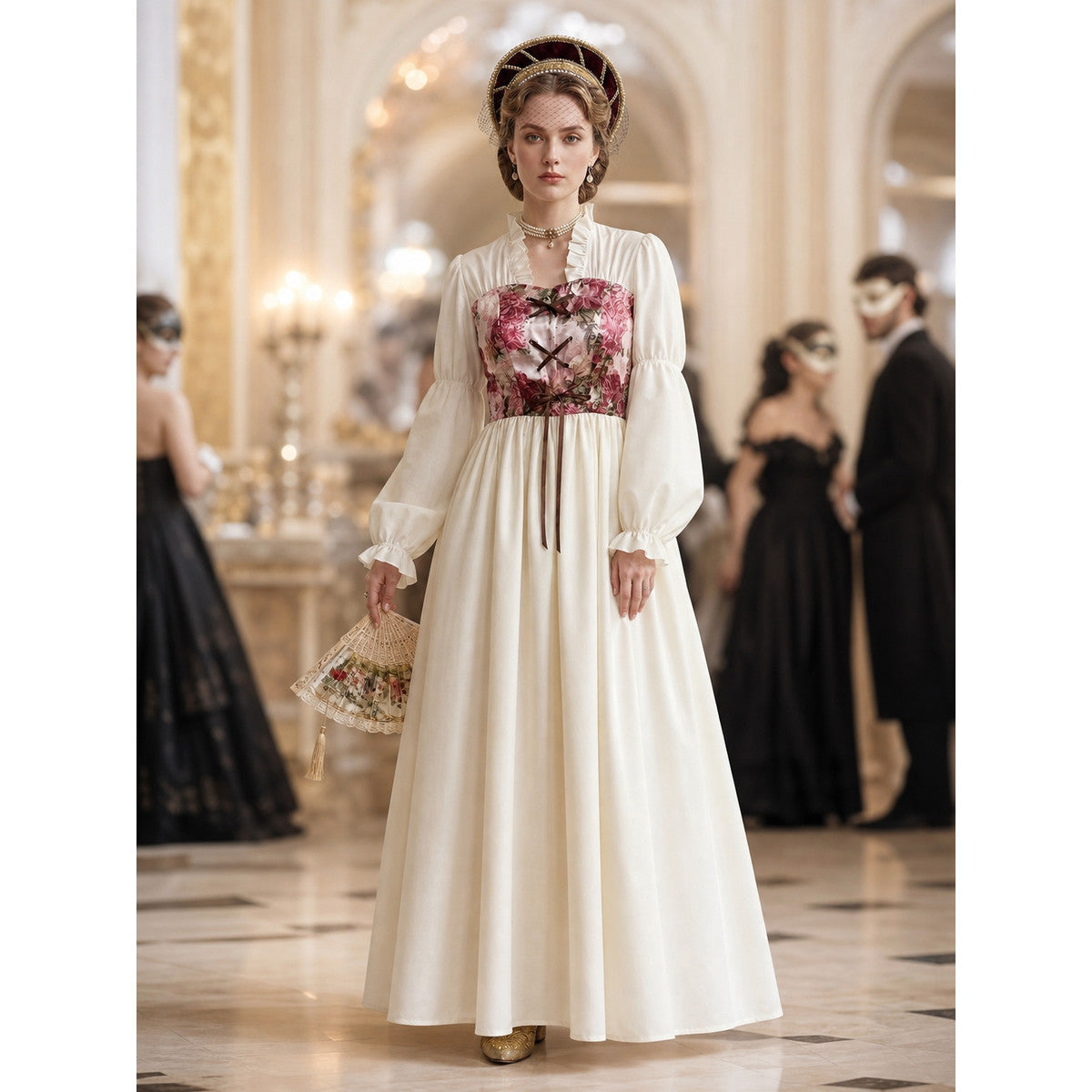 Retro Palace-Style Dress with Floral Print