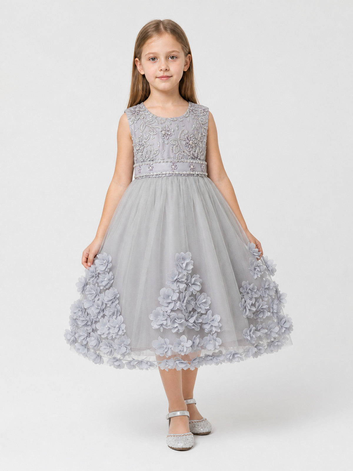 Girls’ Dressy Embroidered Dress with Flowers and Full Skirt product detail