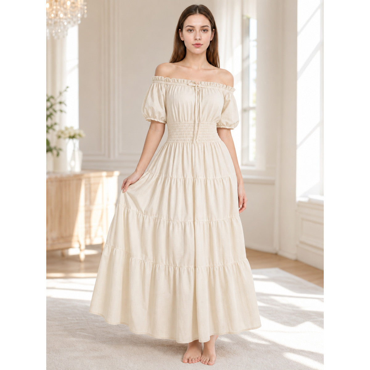 Long Medieval Tiered Off-the-Shoulder Dress lifestyle