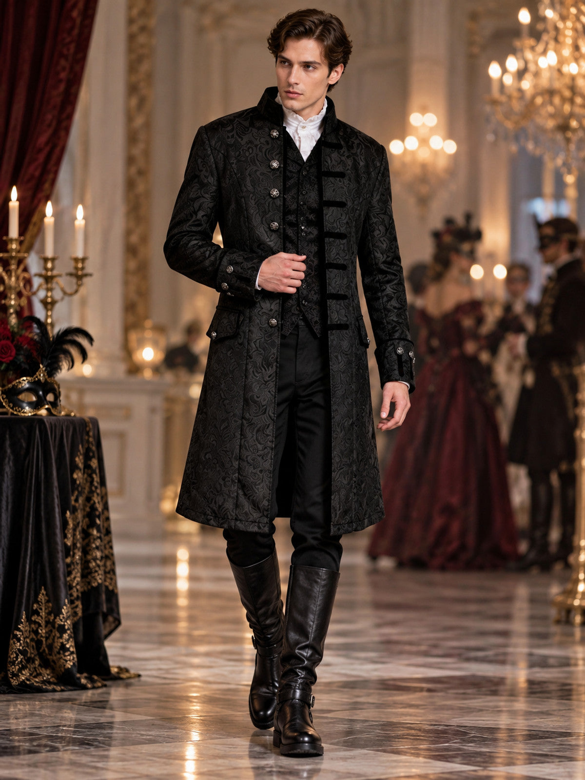 Gothic black long frock coat with pattern and buttons