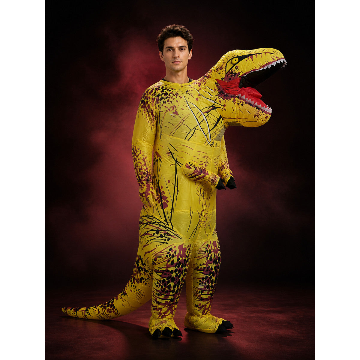 Adult Yellow T-Rex Dinosaur Costume Inflatable With Open Mouth And Realistic main product view