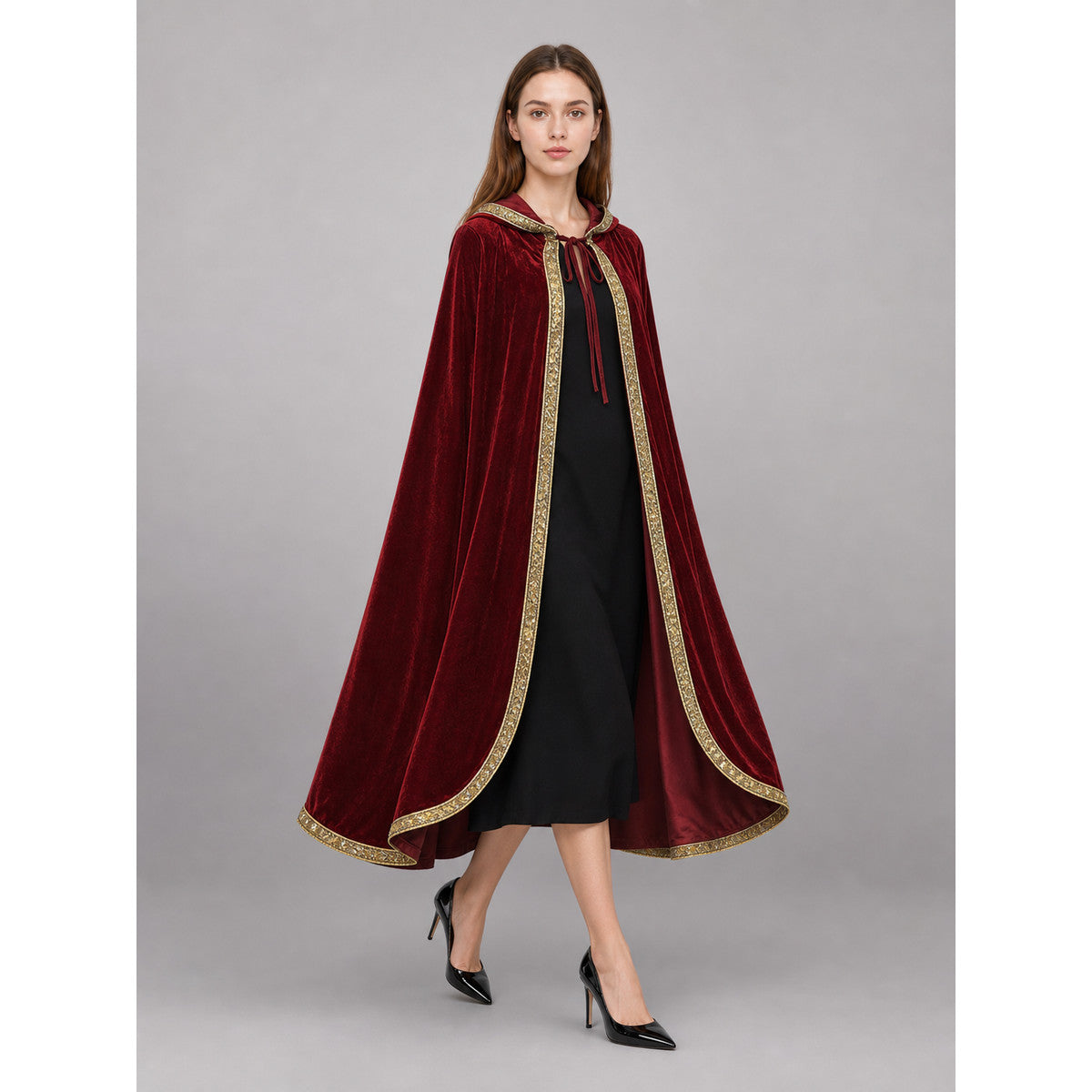 Burgundy carnival cape with hood and gold trim occasion guide