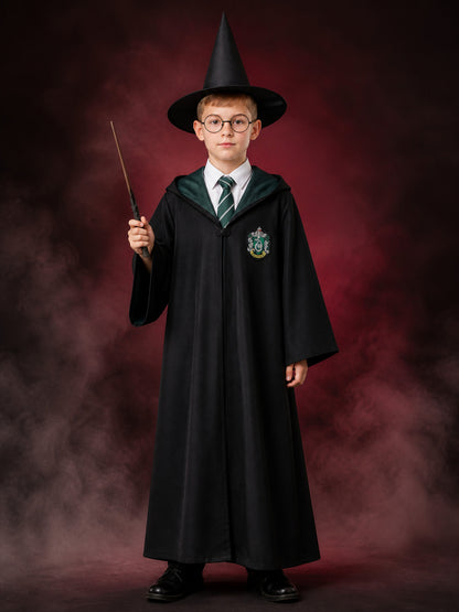 Wizard Costume Set With Hooded Robe, Pointed Hat, Wand, Tie and Round Glasses main product view