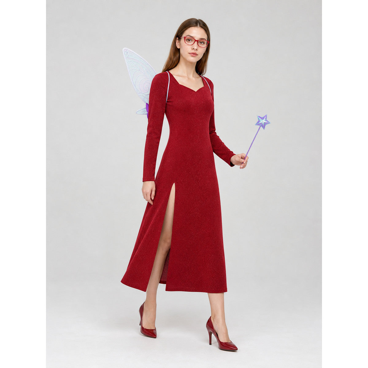 Shrek fairy cosplay costume: red dress on-model walking view