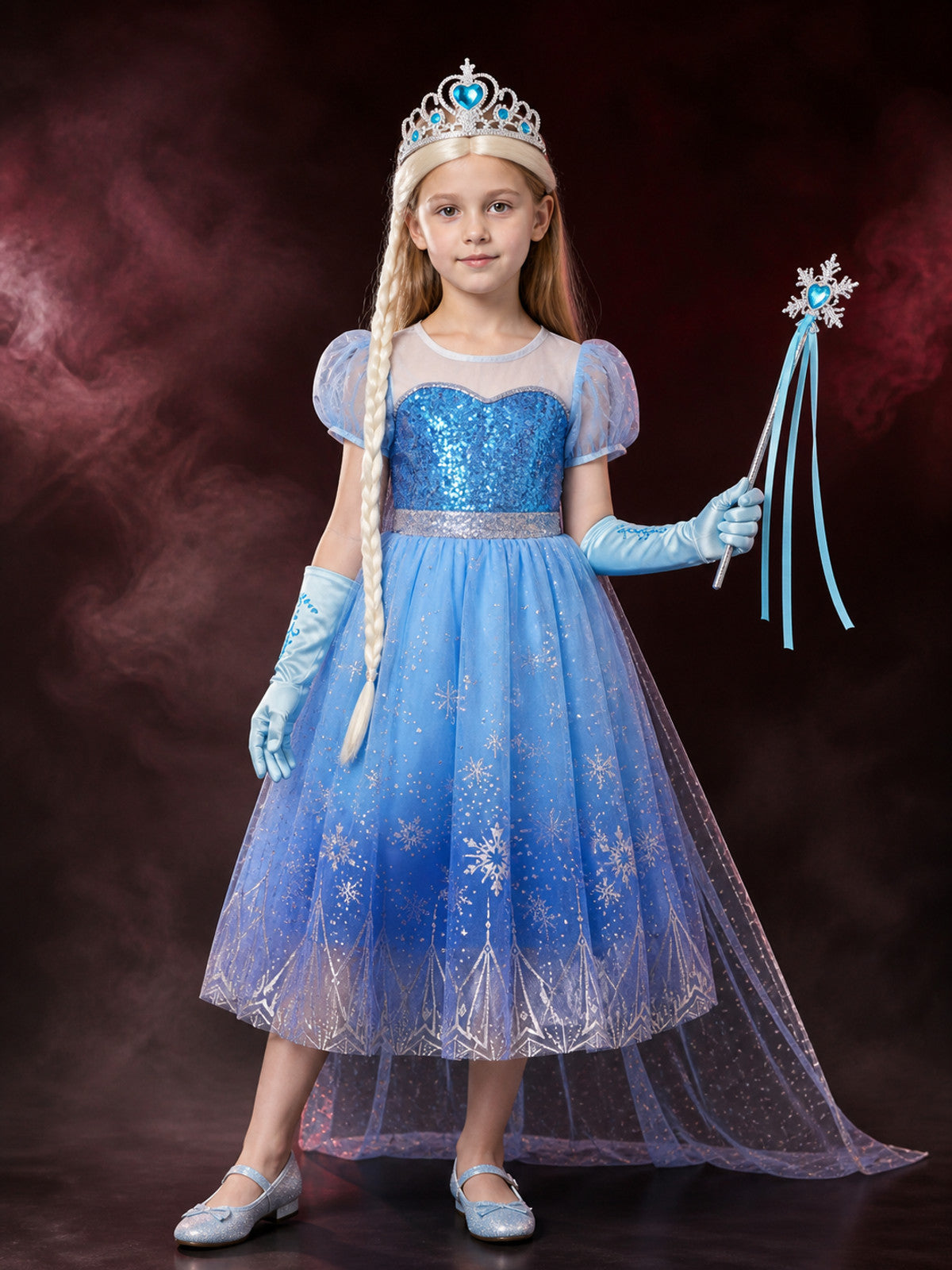 Kids Snow Queen Sequined Puffy Princess Dress Costume Set with Crown, Wand