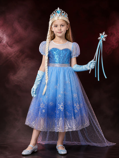 Kids Snow Queen Sequined Puffy Princess Dress Costume Set with Crown, Wand