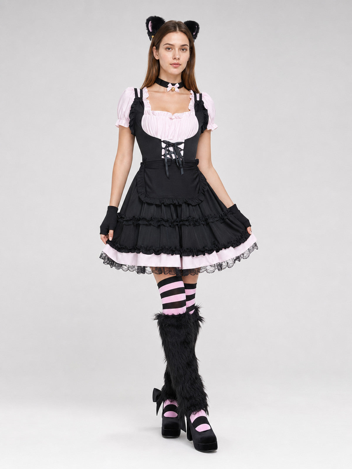 Lolita-Style Dress with Apron, Ruffles, and Lacing