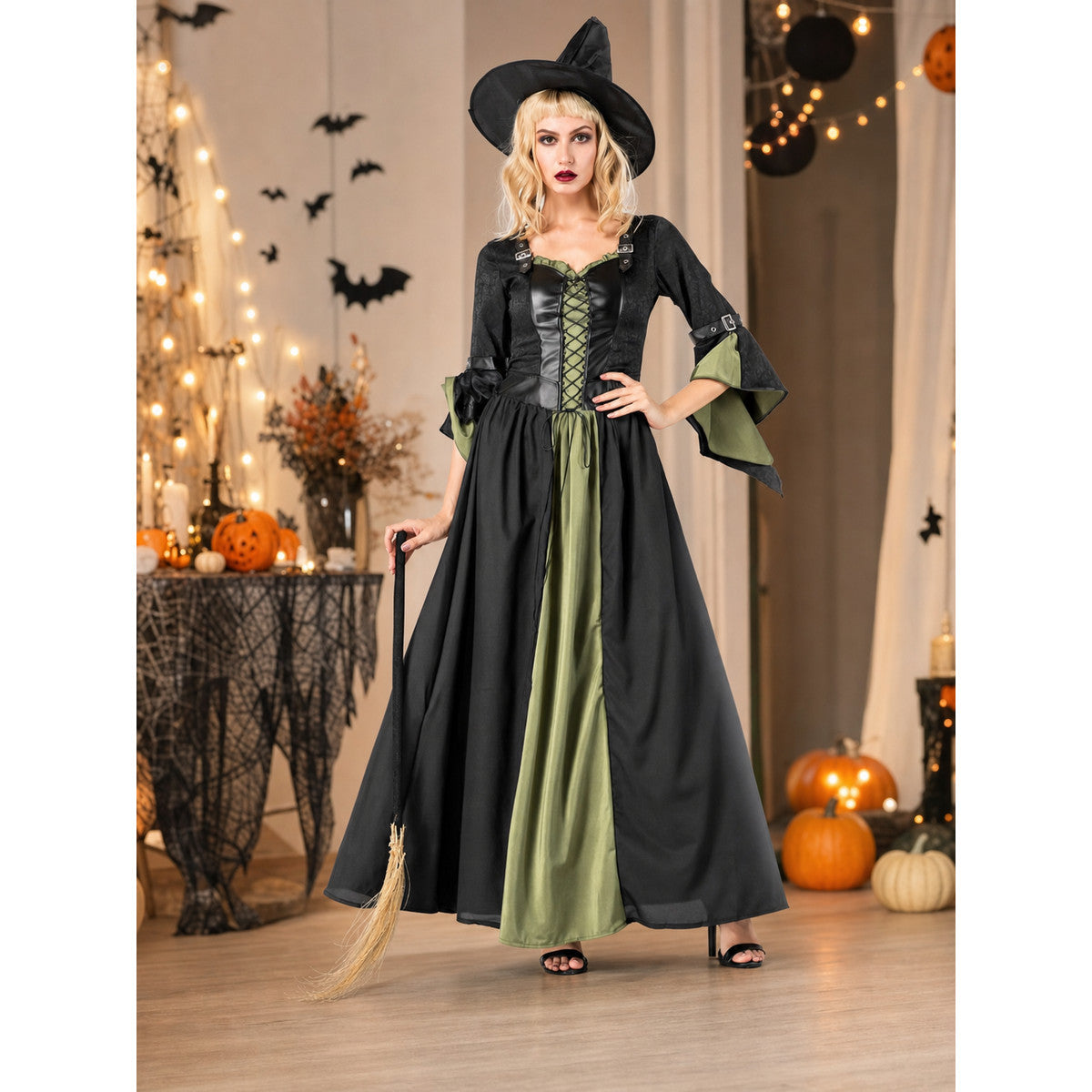 Long Witch Costume Dress for Halloween with Hat lifestyle