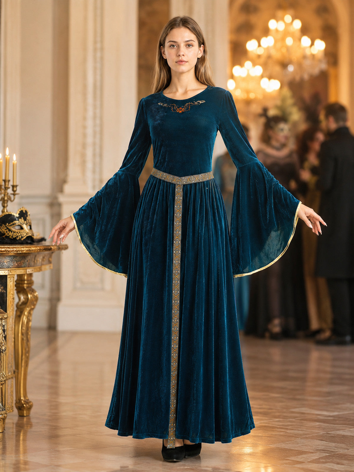 Floor-Length Dark Blue Carnival Dress with Belt lifestyle view