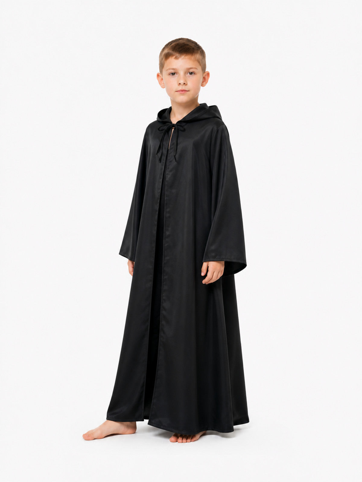 Long Black Hooded Cloak with Tie Closures Costume Capes detail