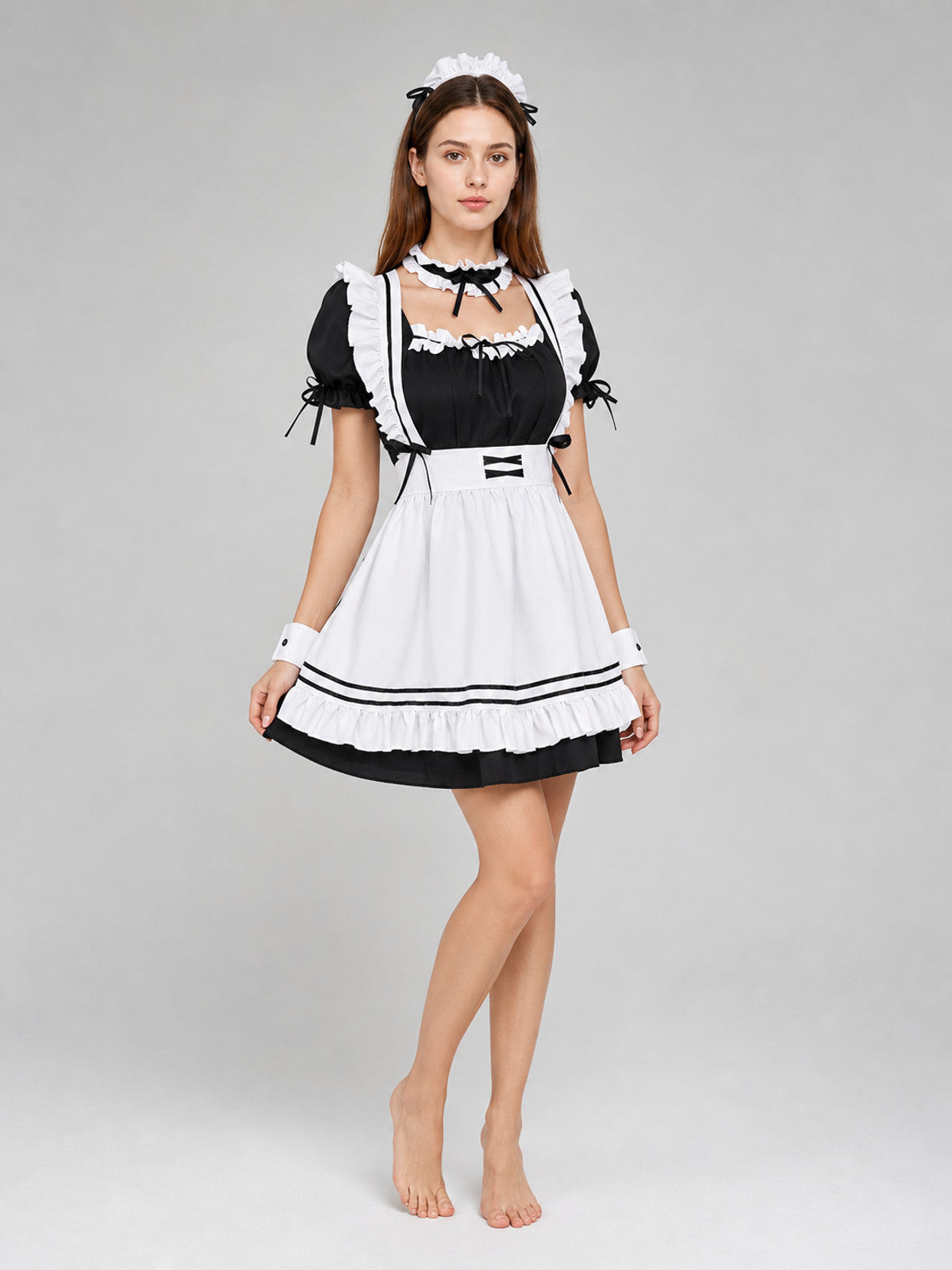 Black-and-White Cosplay Uniform with Apron and Ruffles Costumes detail
