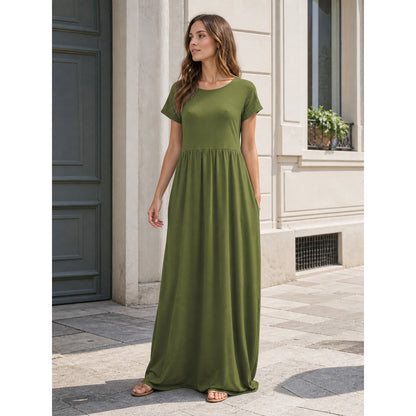 Everyday women's dress with a round neckline, short sleeves, and a long skirt. The dress is olive, or army green, in color. The top has a round neckline and short sleeves, while the waist features gathers that connect the bodice to the long