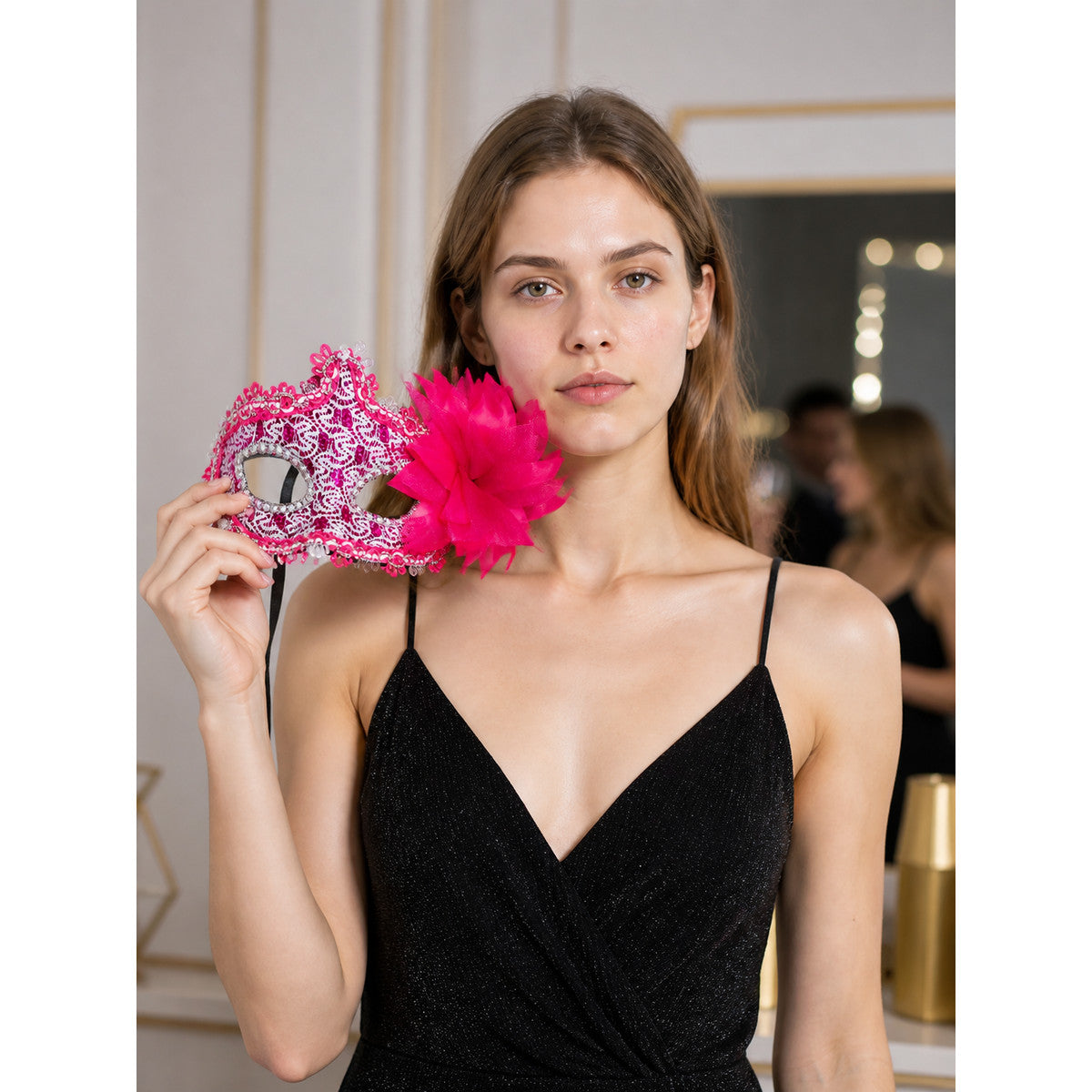 Carnival Mask with Pink Feathers for Halloween lifestyle view
