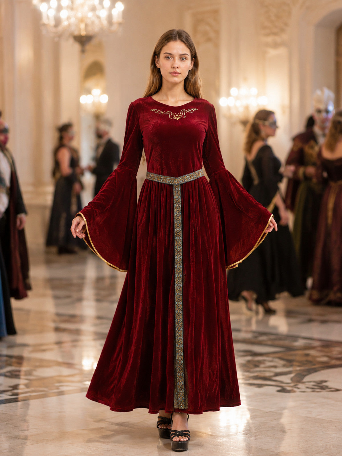 Burgundy Maxi Dress in a Medieval Style with Belt lifestyle view