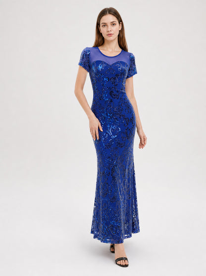 Long Evening Dress with Sequins and Pattern