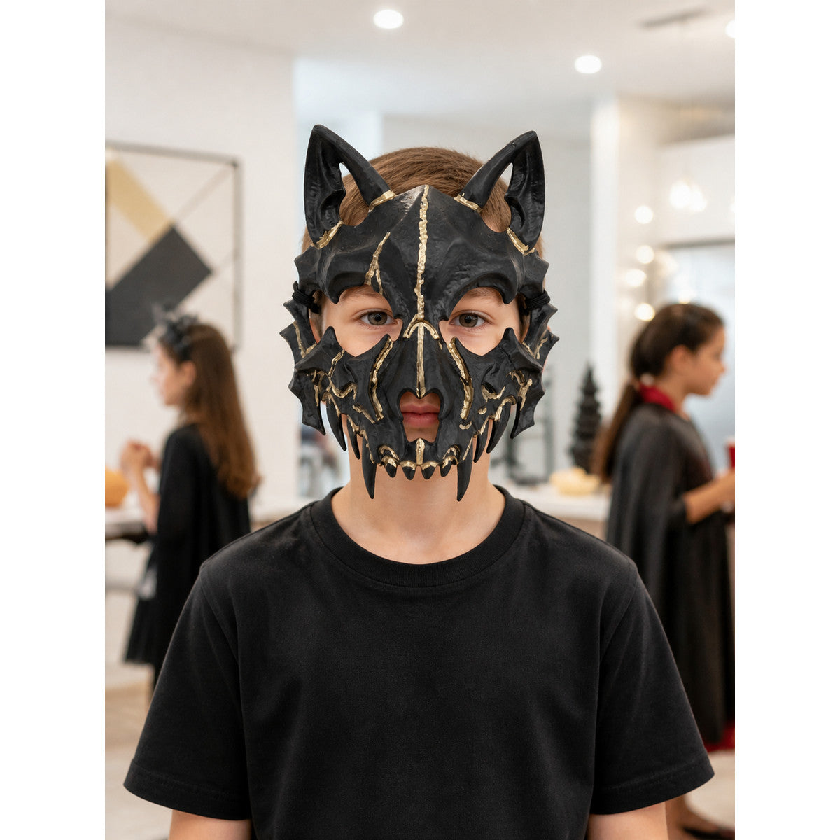 Scary Halloween Mask, Black Half-Mask with Gold Accents lifestyle view