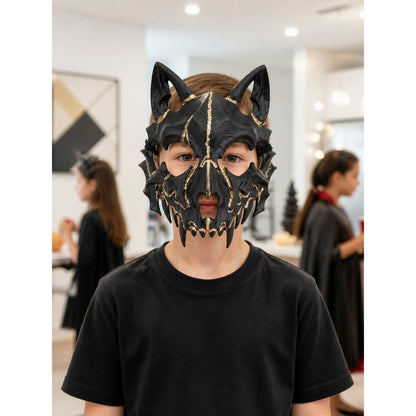 Scary Halloween Mask, Black Half-Mask with Gold Accents lifestyle view