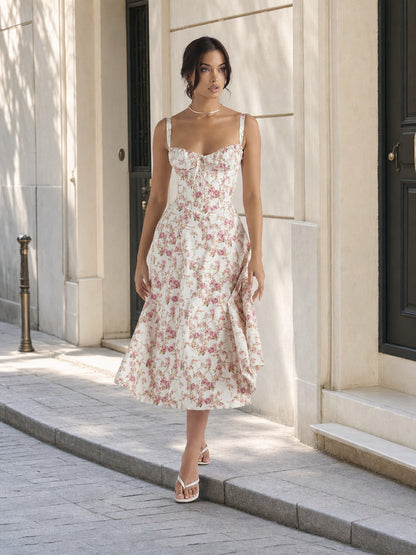 Summer midi dress with thin straps and floral print