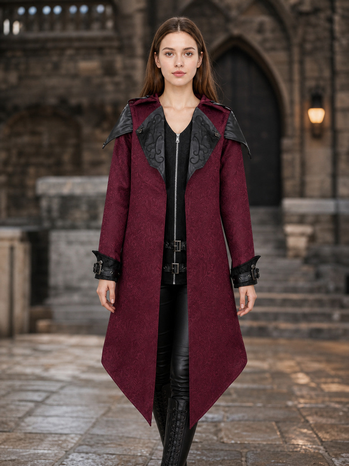 Gothic Hooded Coat with Black Buckles lifestyle view