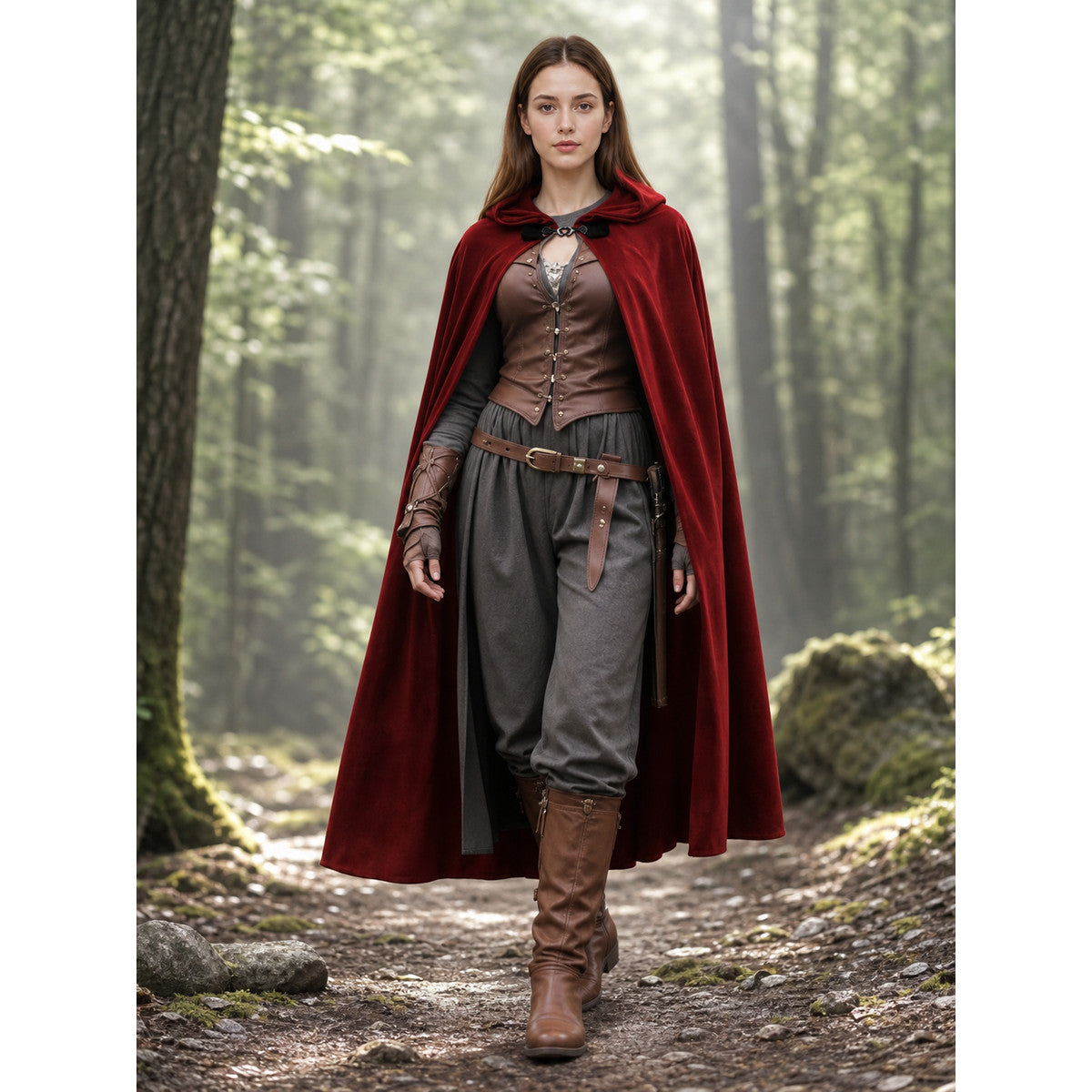 Burgundy hooded cloak worn by a woman in a medieval-style outfit, shown full-body on a forest path with the hood down