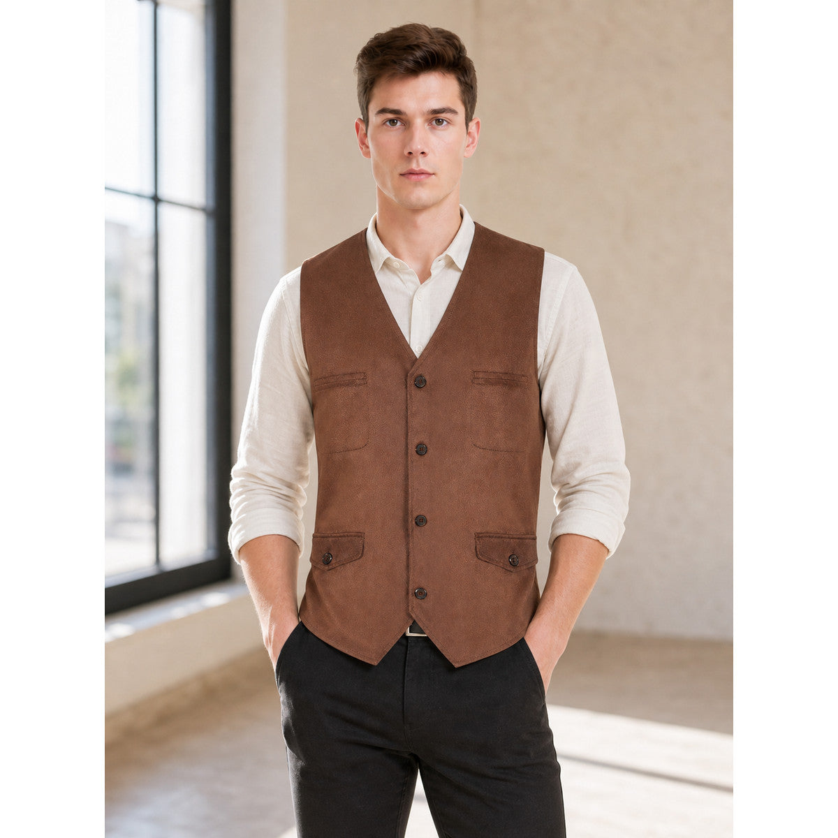 Brown vest with buttons, pockets, and lacing lifestyle view