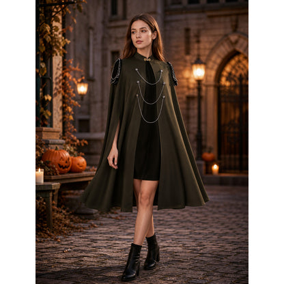 Medieval Gothic Cape Cloak, 1-Piece Sleeveless Stand Collar Front-Open Draped Costume With Metal Chain Details For Cosplay Role Play