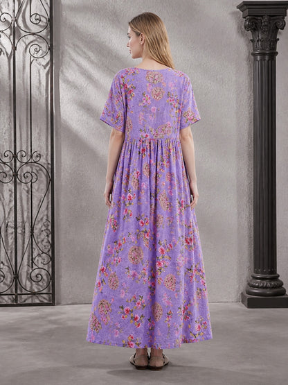 Purple Floral Print Short Sleeve Round Neck Long Dress with Drawstring Waist and