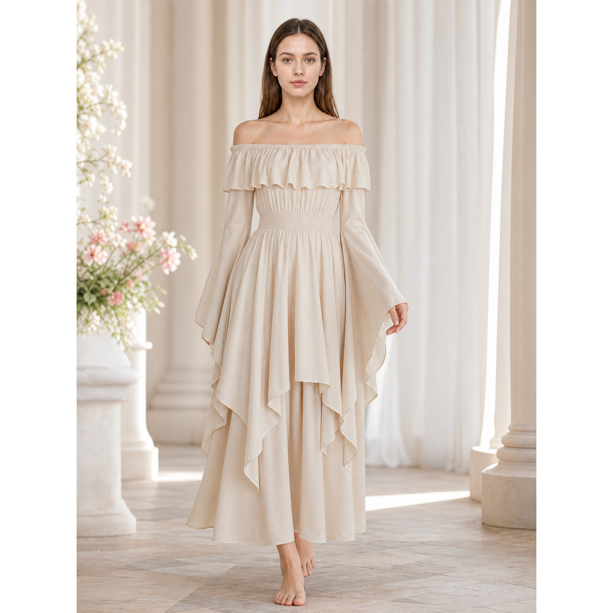 Long Off-the-Shoulder Dress with Ruffles