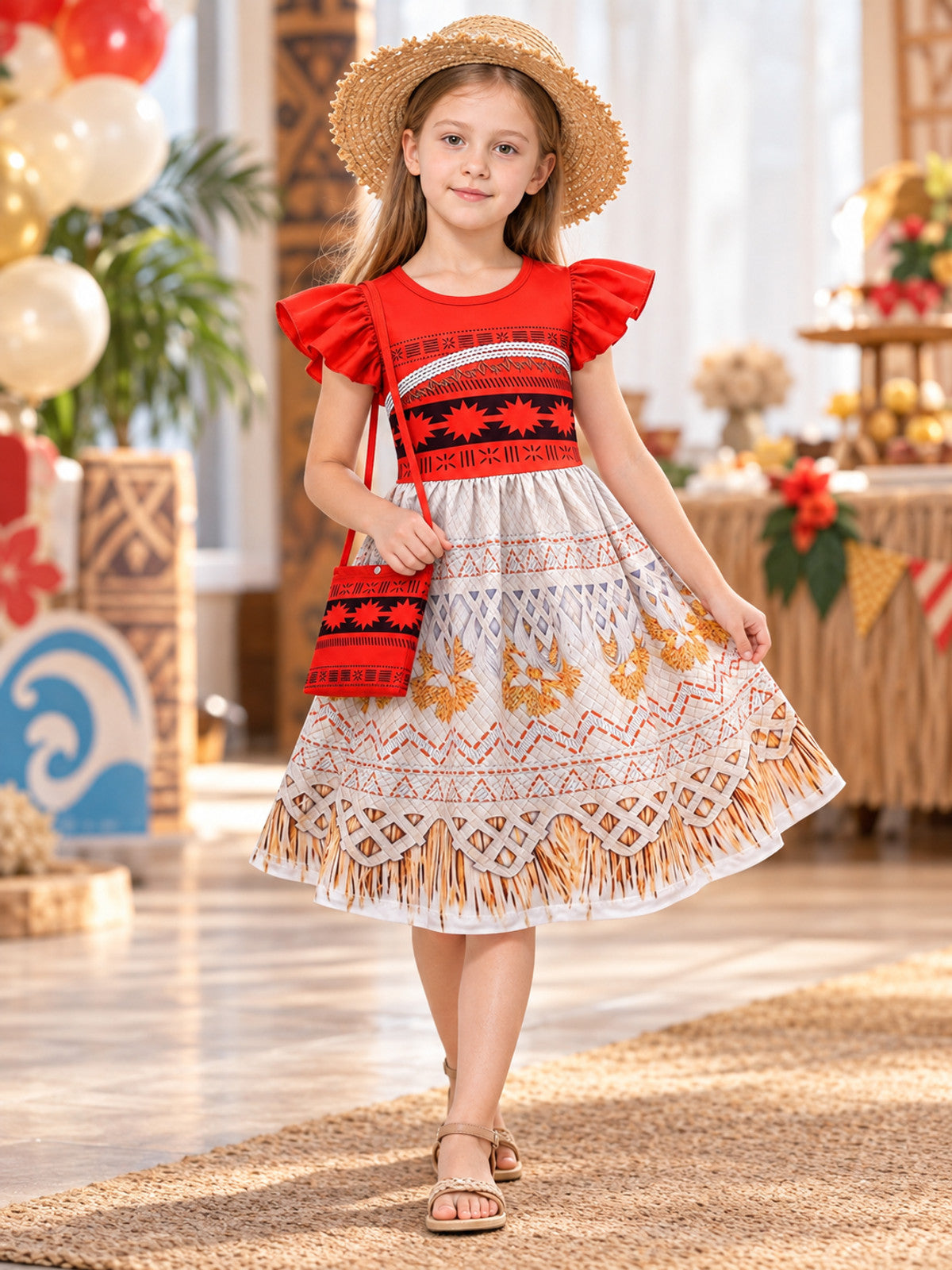 Moana-Style Red and White Dress with Fringe and Bag