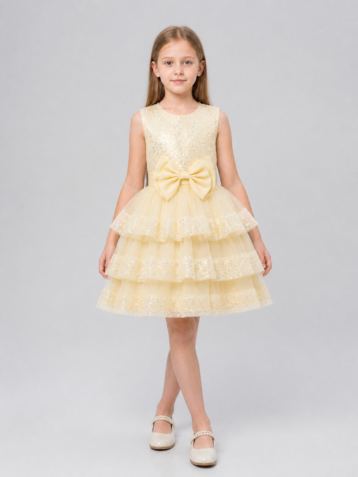 Full Sequin Dress with Layered Skirt and Bow Costume Dresses detail