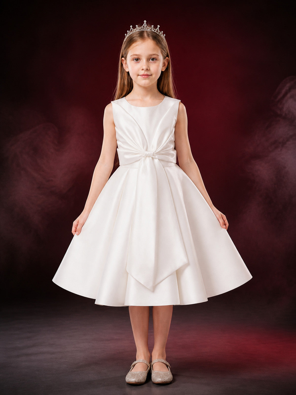 Girls' White Princess Dress, Sleeveless Large Bow Formal Gown