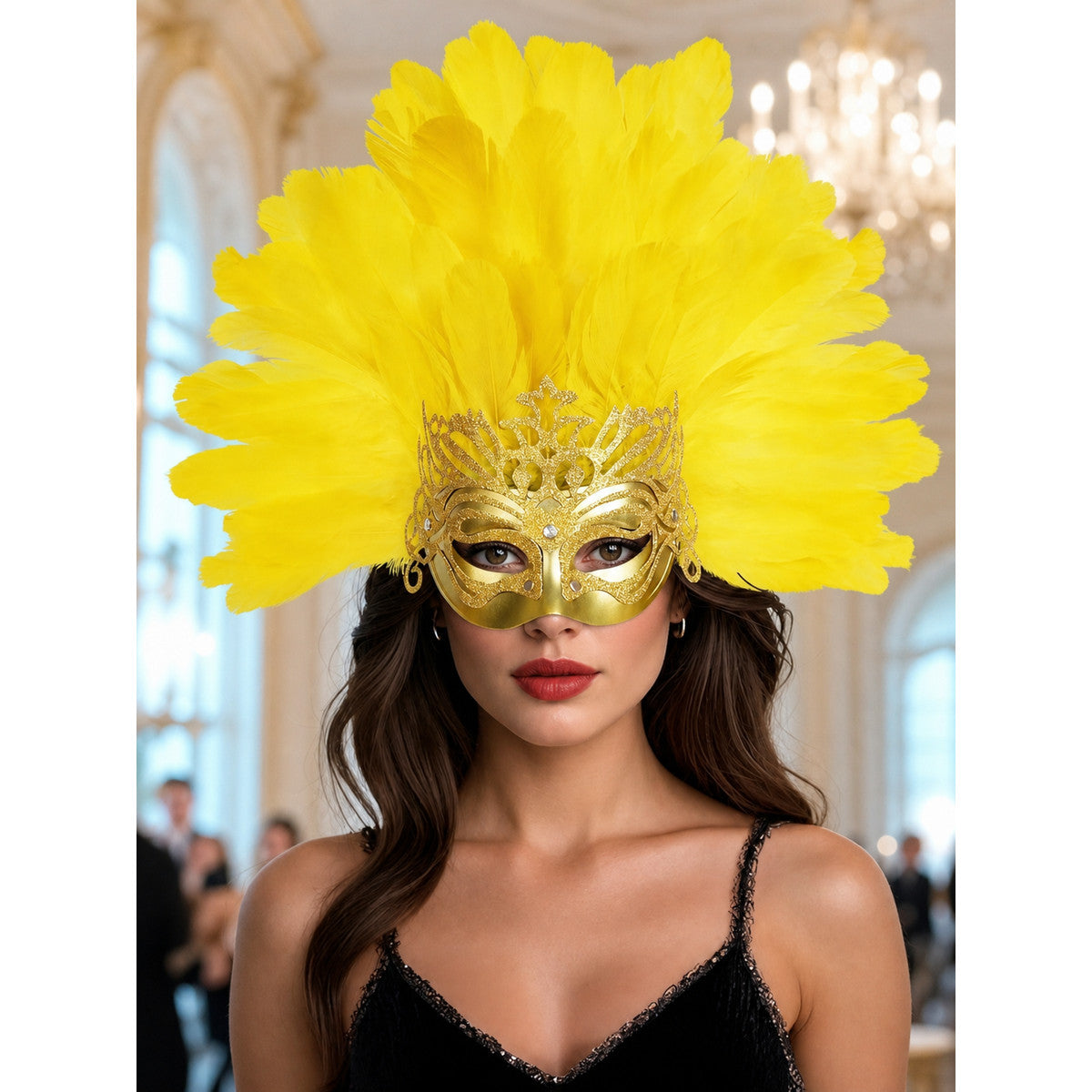 Carnival Headpiece with Feathers and Gold Decoration lifestyle