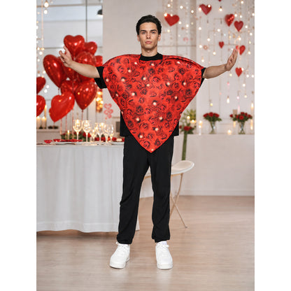 Bright heart-shaped costume with a floral print. A voluminous silhouette with a pointed lower edge and wide short sleeves that extend from the sides of the garment. The surface is decorated with an allover floral pattern reminiscent of rose