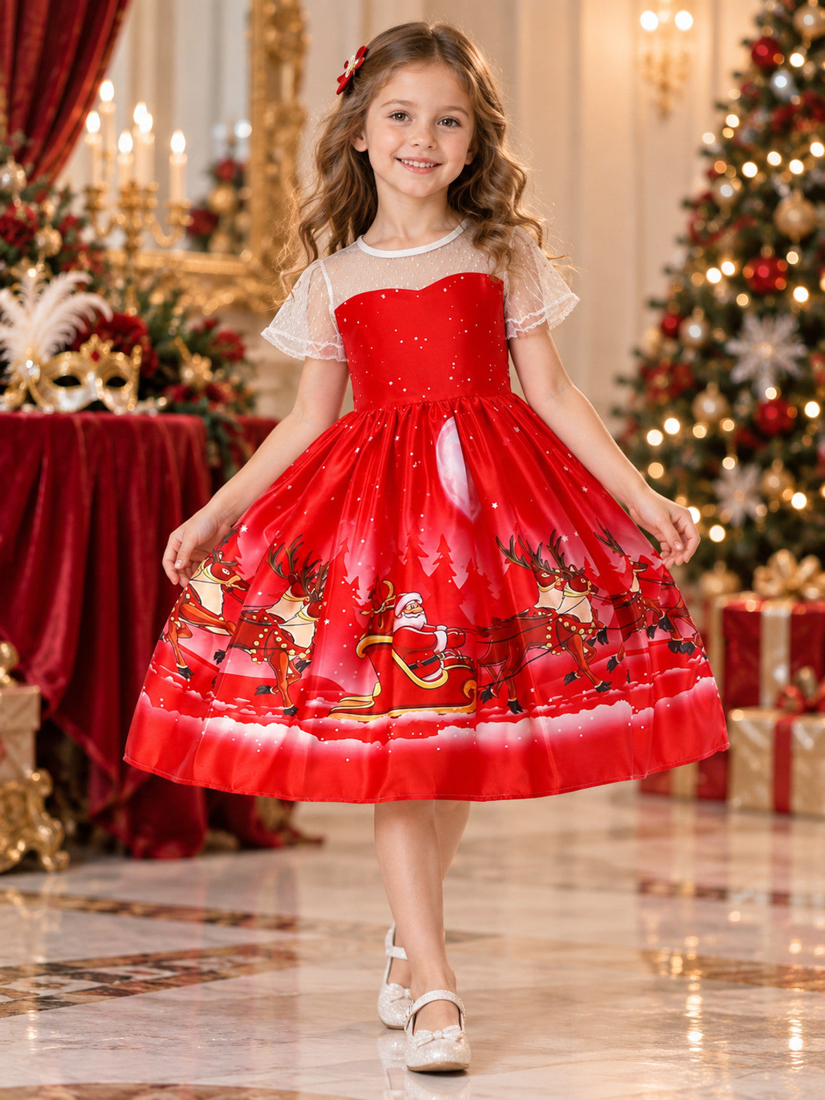 Girls' Holiday Dress with Snowflakes and a Full Skirt lifestyle view
