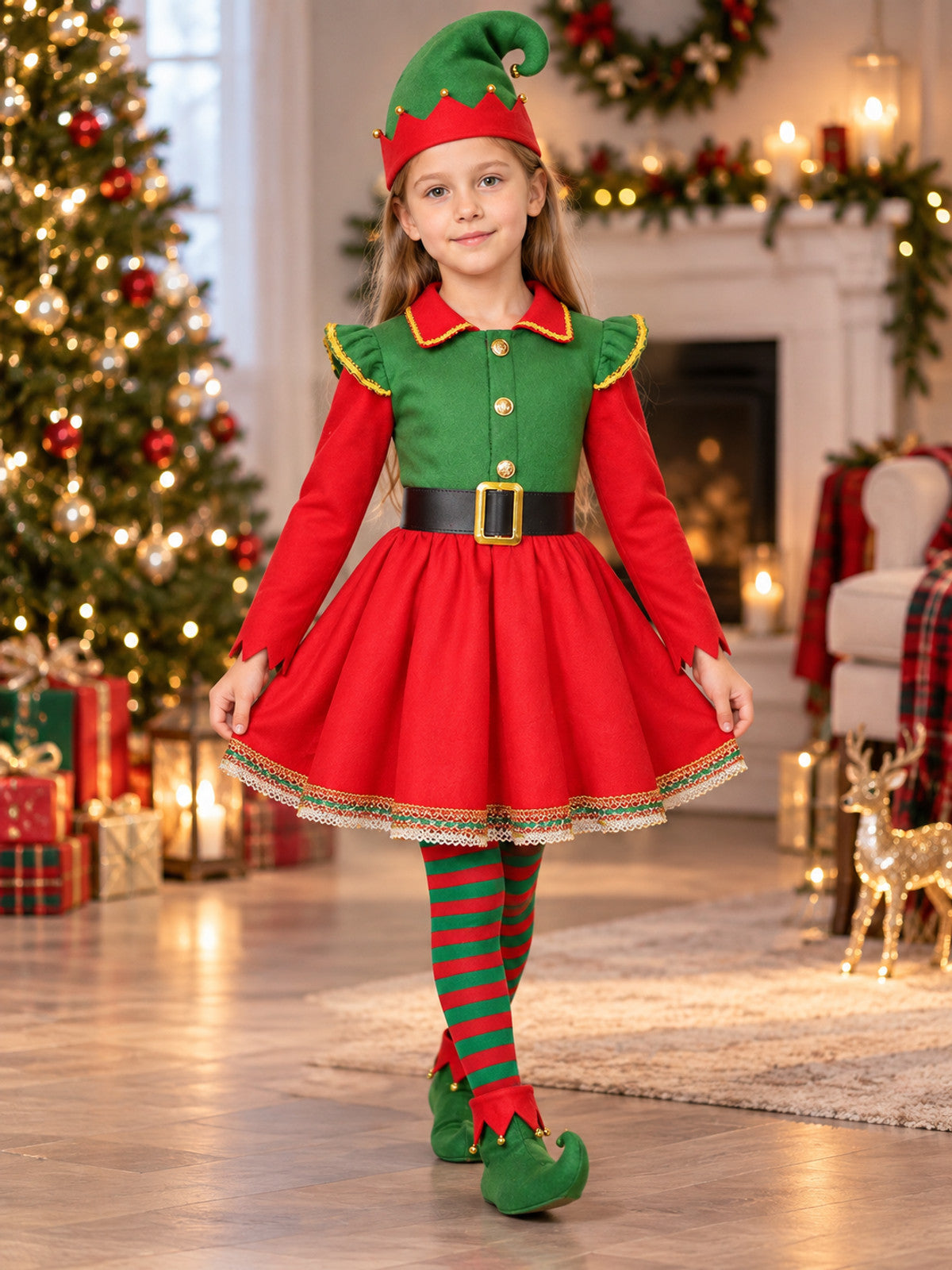 Elf Costume with Long Sleeves and Gold Trim