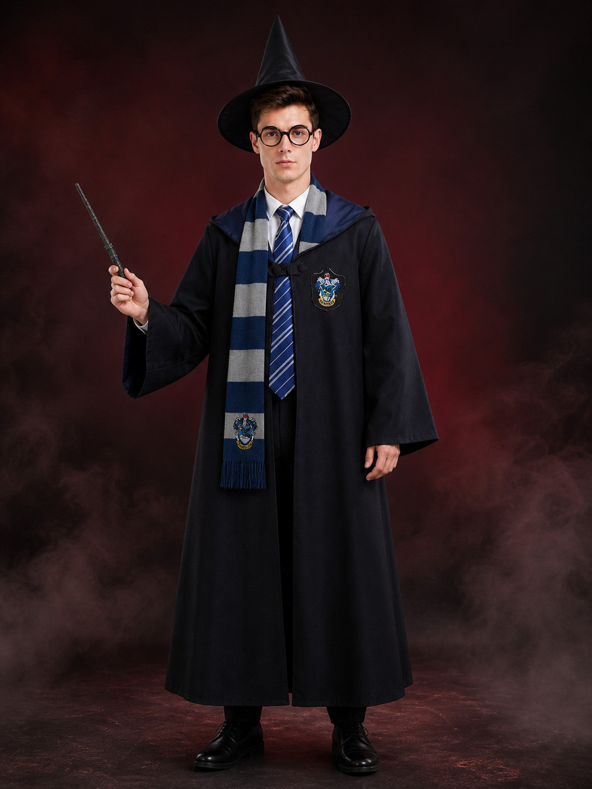 Wizard Robe Costume Set With Hooded Cloak, Shirt, Tie, Scarf, Glasses, Wand And main product view
