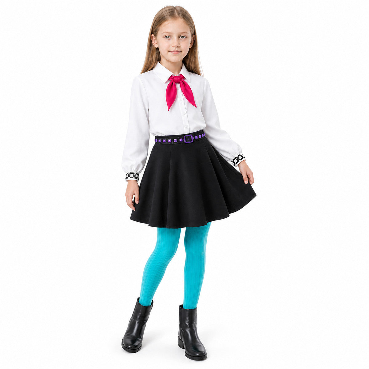 Bili Costume: White Blouse, Black Skirt, Pants, Tie, Belt Costumes detail