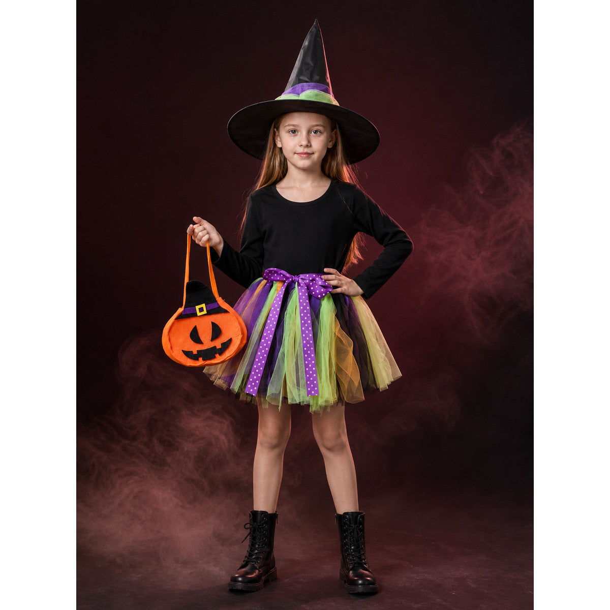 Kids' Halloween Witch Costume Set, Long Sleeve Top, Layered Skirt, Hat and main product view