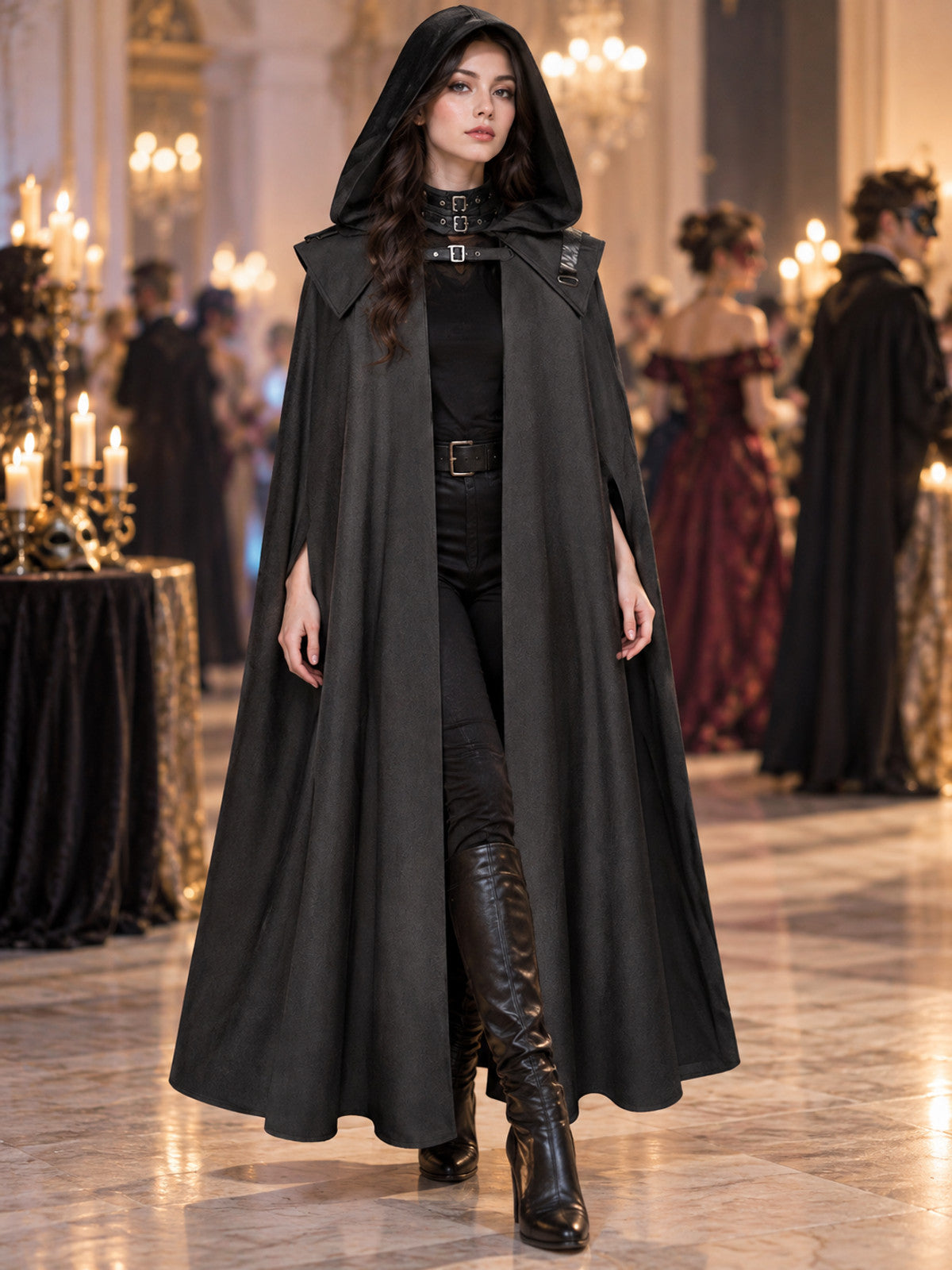 Black Long Hooded Cloak with Buckles