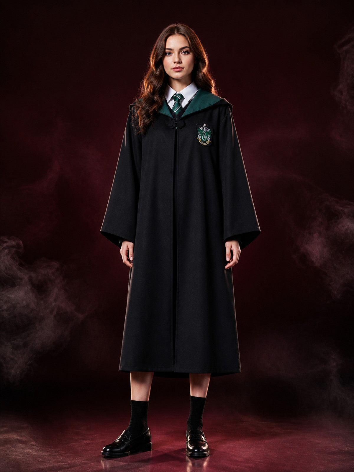 Kids Wizard Robe Set with Crest, Dark Green Hood & Striped Tie, Halloween