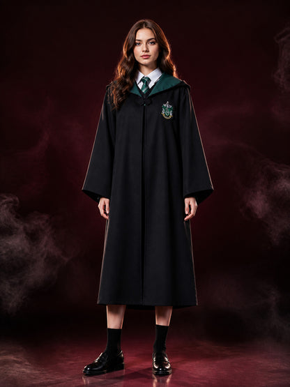 Kids Wizard Robe Set with Crest, Dark Green Hood & Striped Tie, Halloween