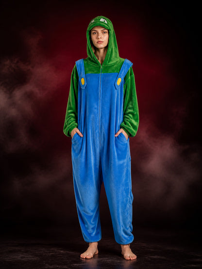 Blue And Green Hooded Cartoon Animal Jumpsuit Costume With Yellow Chest Details