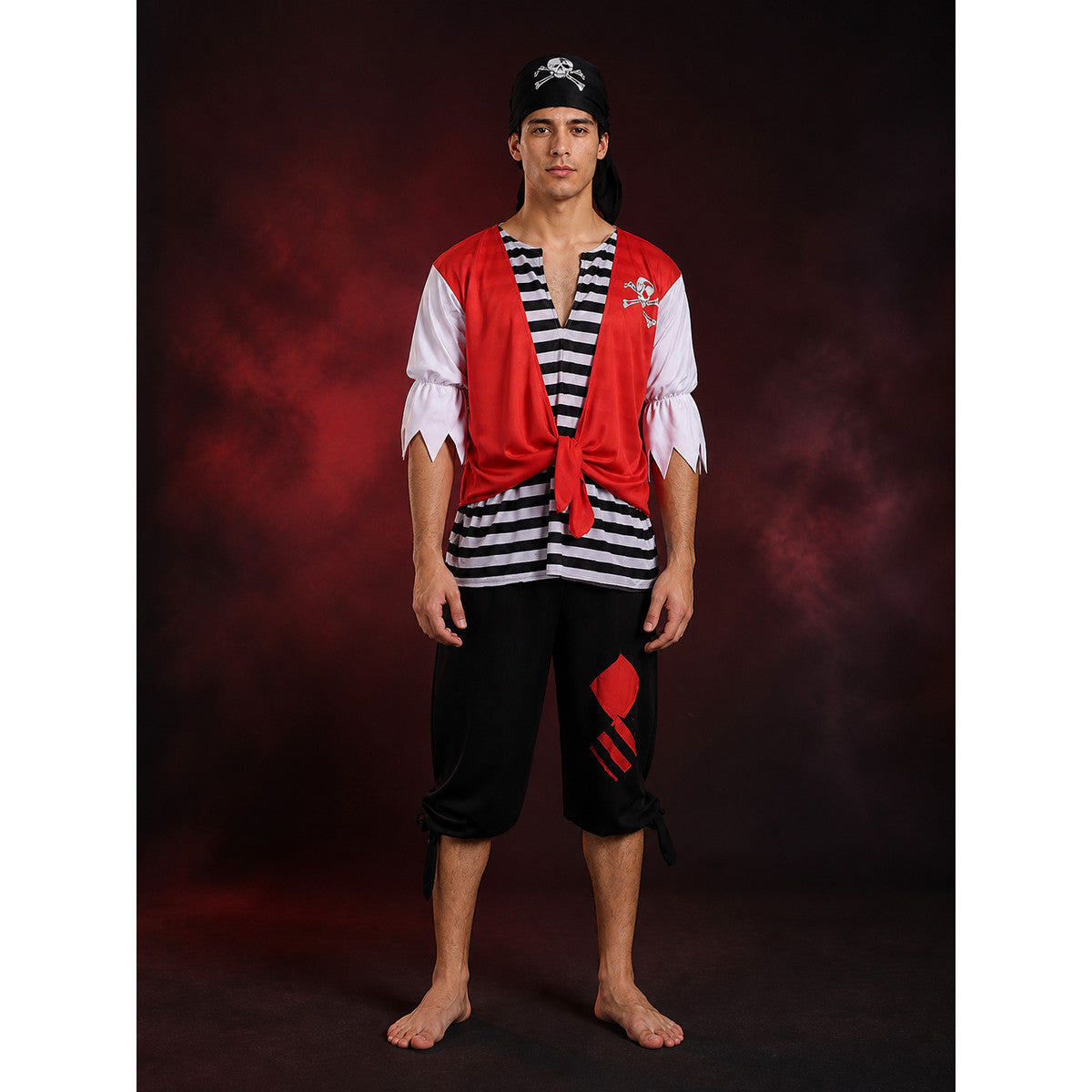 Adult Pirate Halloween Costume Set, Lace-Up Red Vest Top, Black/White Striped main product view