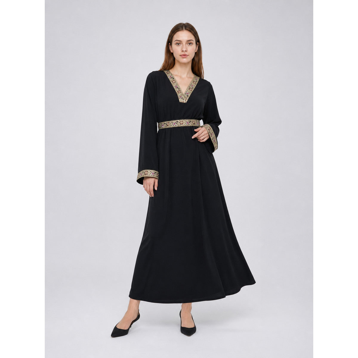 Maxi Dress with a V-Neckline and Embroidered Trim Costume Dresses detail