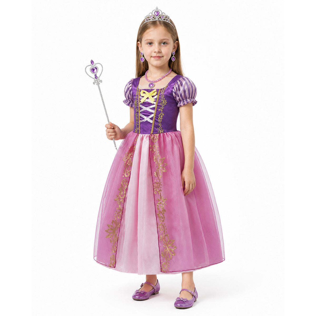 Princess costume with a full skirt, crown, and wand Costume Headwear detail
