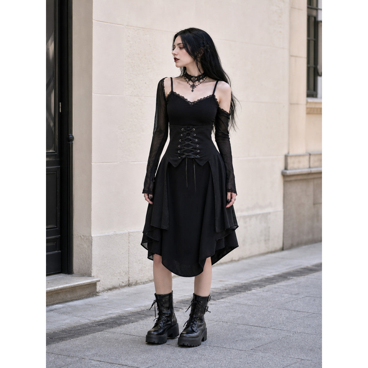 Black Gothic Lace-Up Top with Layered Hem
