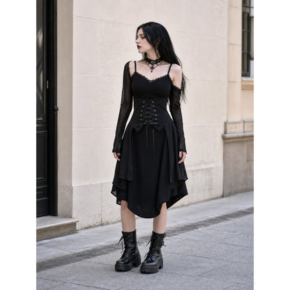Black Gothic Lace-Up Top with Layered Hem