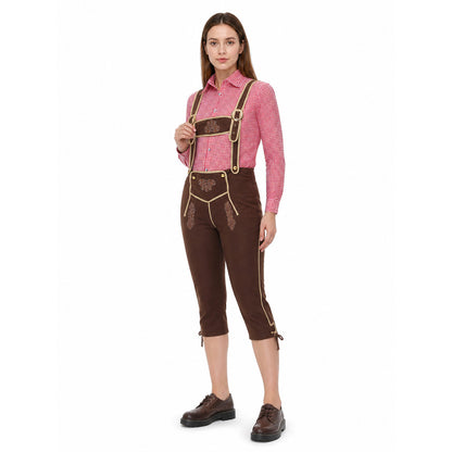 Bavarian Costume with Suspenders and Plaid Shirt on-model front view